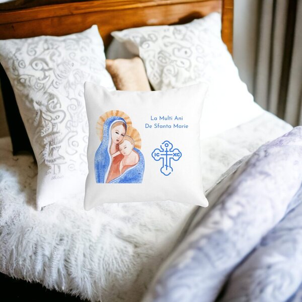 Perna Decorativa La multi ani de Sfanta Maria, 40x40 cm, Alba, Mata, Husa Detasabila, Burduf 18 Burduf