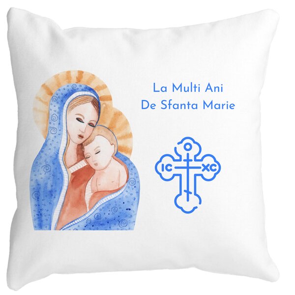 Perna Decorativa La multi ani de Sfanta Maria, 40x40 cm, Alba, Mata, Husa Detasabila, Burduf 13 Perna Decorativa La multi ani de Sfanta Maria