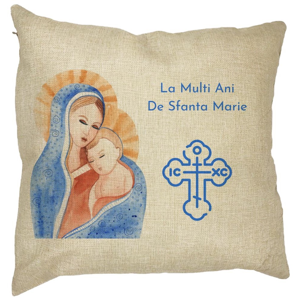 Perna Decorativa La multi ani de Sfanta Maria, 40x40 cm, Husa Detasabila, Burduf 11 Perna Decorativa La multi ani de Sfanta Maria