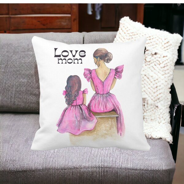 Perna Decorativa, Love Mom, 40x40 cm, Alba, Mata, Husa Detasabila, Burduf 15 Mata