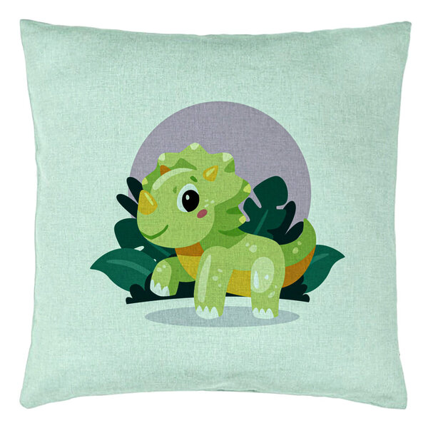 Perna Decorativa, Model Baby Dinozaur Verde Menta cu Peisaj, 40x40 cm, Verde Menta, Husa Detasabila, Burduf 15 Perna Decorativa