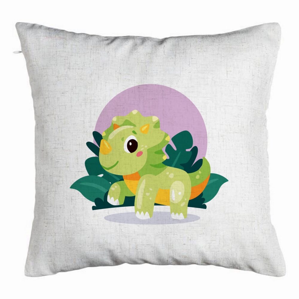Perna Decorativa, Model Baby Dinozaur Verde cu Peisaj, 40x40 cm, Alb Murdar, Husa Detasabila, Burduf 5 Perna Decorativa