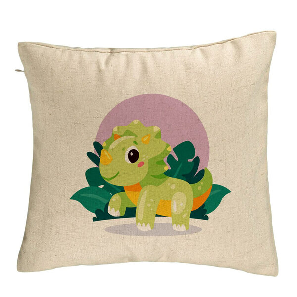 Perna Decorativa, Model Baby Dinozaur Verde cu Peisaj, 40x40 cm, Bej, Husa Detasabila, Burduf 5 Perna Decorativa