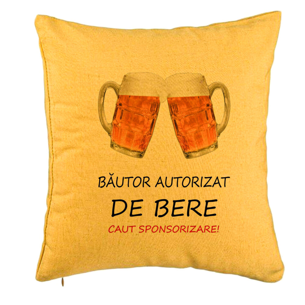 Perna Decorativa, Model Bautor Autorizat de Bere, 40x40 cm, Galben, Husa Detasabila, Burduf 5 Perna Decorativa