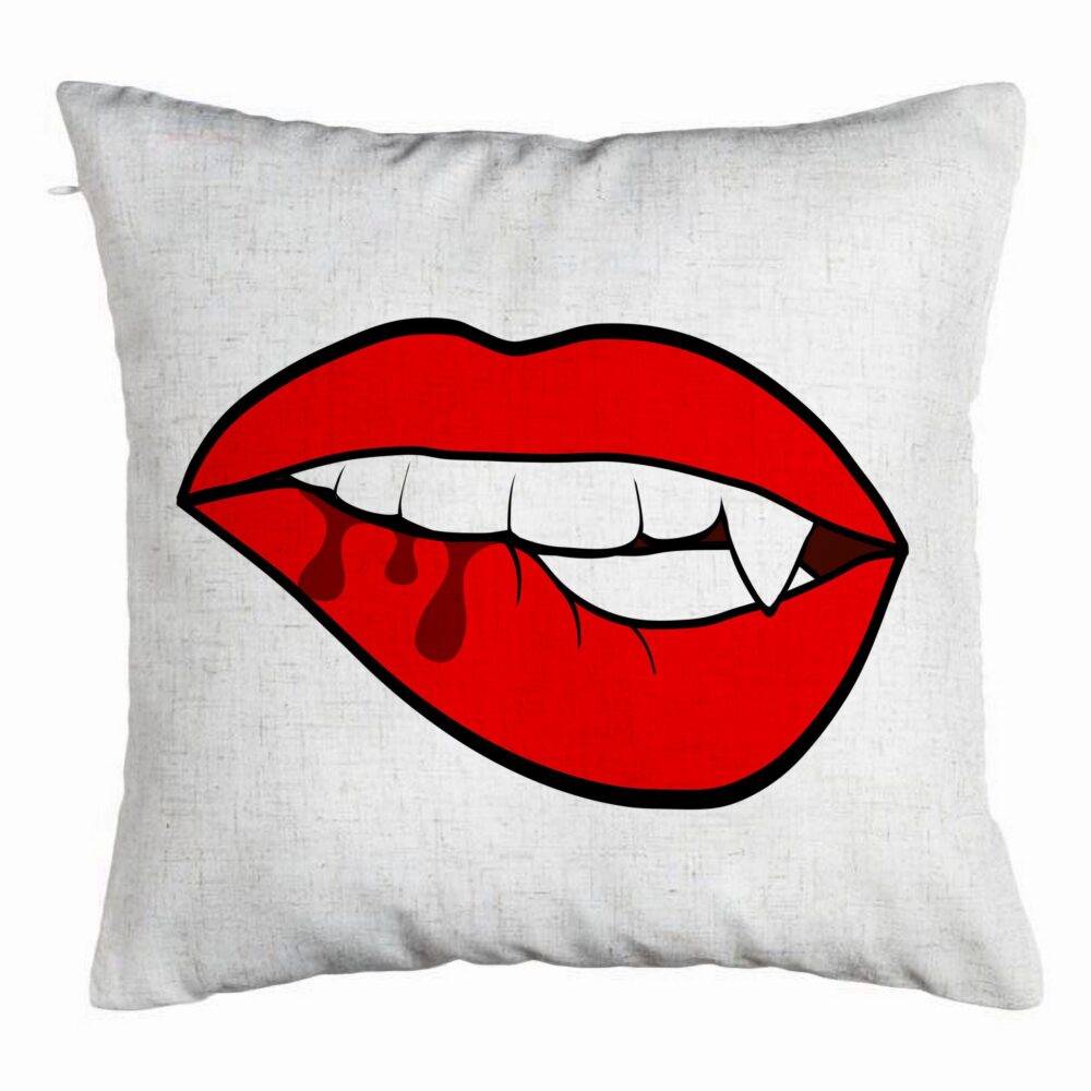 Perna Decorativa, Model Buze Femeie si Dinte de Vampir, 40x40 cm, Alb Murdar, Husa Detasabila, Burduf 5 Perna Decorativa