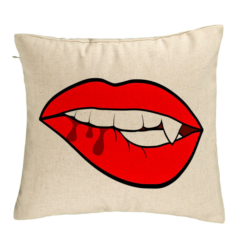 Perna Decorativa, Model Buze Femeie si Dinte de Vampir, 40x40 cm, Bej, Husa Detasabila, Burduf 5 Perna Decorativa