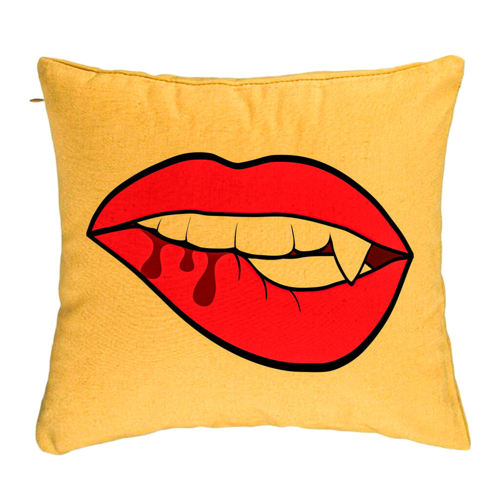 Perna Decorativa, Model Buze Femeie si Dinte de Vampir, 40x40 cm, Galben, Husa Detasabila, Burduf 5 Perna Decorativa