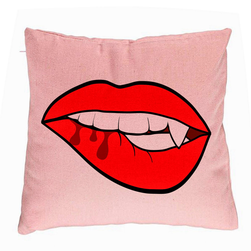Perna Decorativa, Model Buze Femeie si Dinte de Vampir, 40x40 cm, Roz, Husa Detasabila, Burduf 5 Perna Decorativa