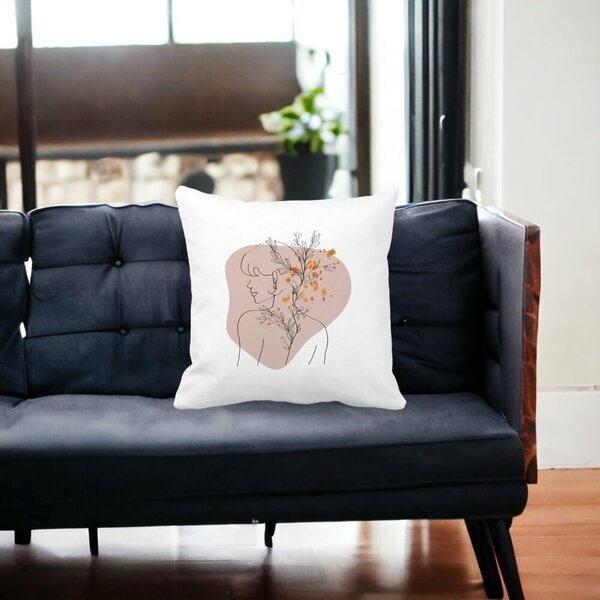 Perna Decorativa Model Corp Femeie si Flori, 40x40 cm, Alba, Mata, Husa Detasabila, Burduf 12 40x40 cm