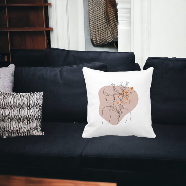 Perna Decorativa Model Corp Femeie si Flori, 40x40 cm, Alba, Mata, Husa Detasabila, Burduf 14 Mata