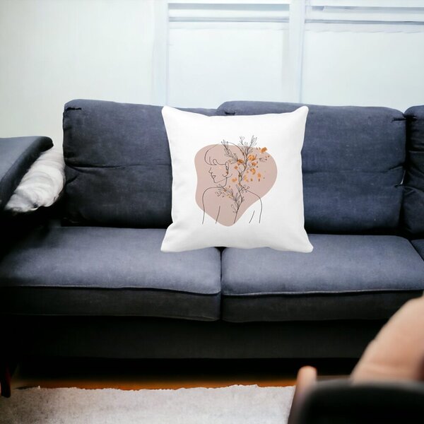 Perna Decorativa Model Corp Femeie si Flori, 40x40 cm, Alba, Mata, Husa Detasabila, Burduf 15 Husa Detasabila