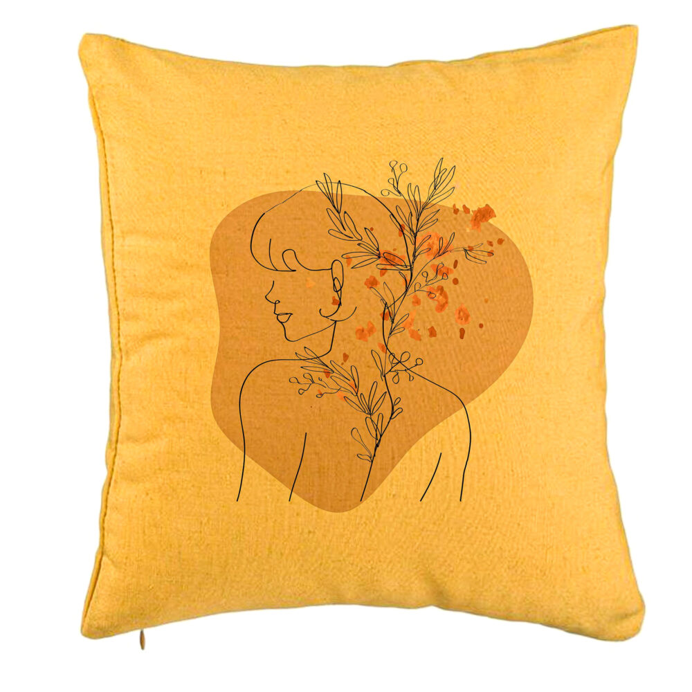Perna Decorativa, Model Corp Femeie si Flori, 40x40 cm, Galben, Husa Detasabila, Burduf 5 Perna Decorativa