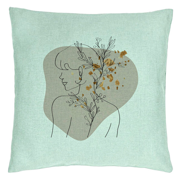 Perna Decorativa, Model Corp Femeie si Flori, 40x40 cm, Verde Menta, Husa Detasabila, Burduf 13 Perna Decorativa
