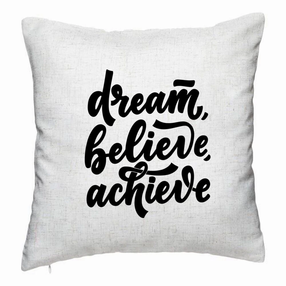 Perna Decorativa, Model Dream Believe Achieve, 40x40 cm, Alb Murdar, Husa Detasabila, Burduf 5 Perna Decorativa