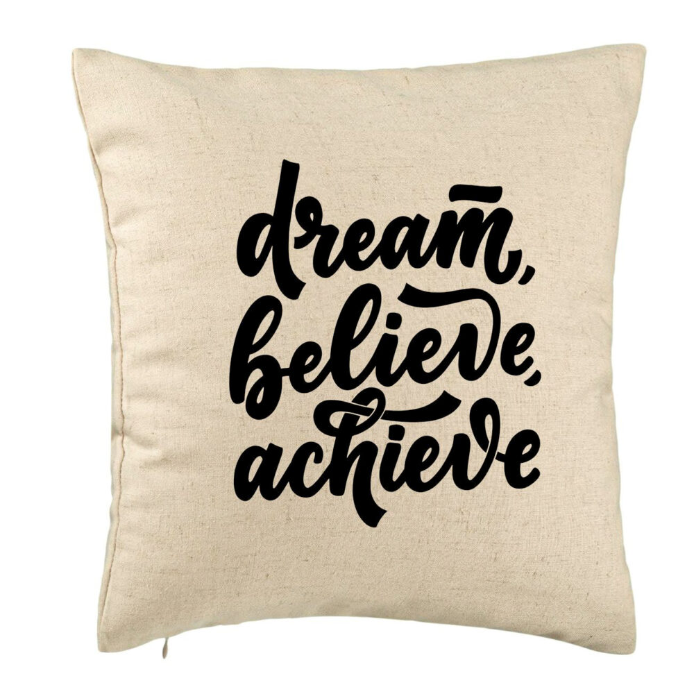 Perna Decorativa, Model Dream Believe Achieve, 40x40 cm, Bej, Husa Detasabila, Burduf 5 Perna Decorativa