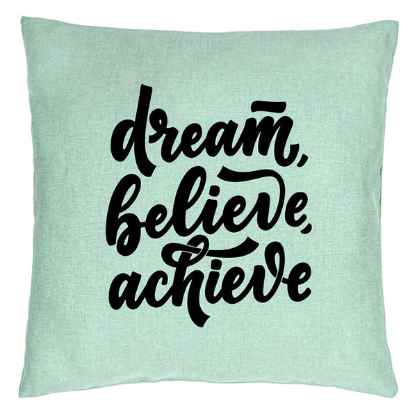 Perna Decorativa, Model Dream Believe Achieve, 40x40 cm, Verde Menta, Husa Detasabila, Burduf 15 Perna Decorativa