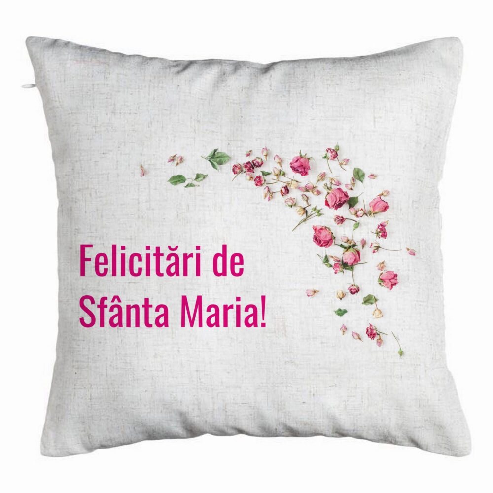 Perna Decorativa, Model Felicitari de Sfanta Maria, 40x40 cm, Alb Murdar, Husa Detasabila, Burduf 5 Perna Decorativa