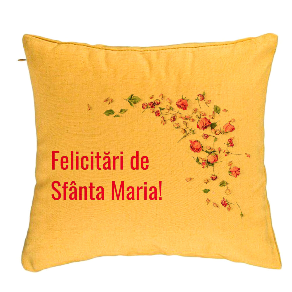 Perna Decorativa, Model Felicitari de Sfanta Maria, 40x40 cm, Galben, Husa Detasabila, Burduf 5 Perna Decorativa