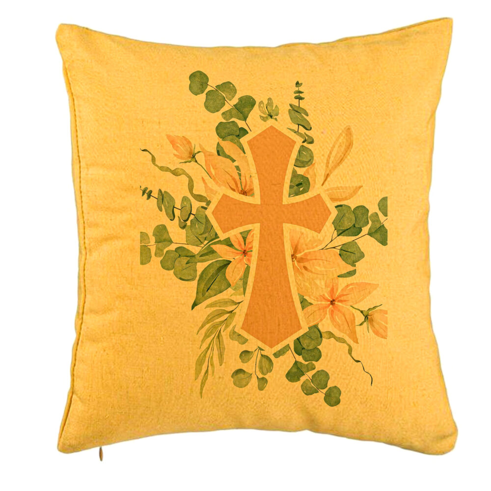 Perna Decorativa, Model Florala cu Cruce, 40x40 cm, Galben, Husa Detasabila, Burduf 5 Perna Decorativa