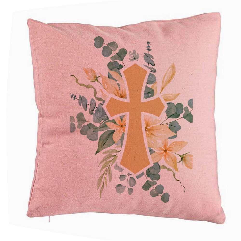 Perna Decorativa, Model Florala cu Cruce, 40x40 cm, Roz, Husa Detasabila, Burduf 5 Perna Decorativa
