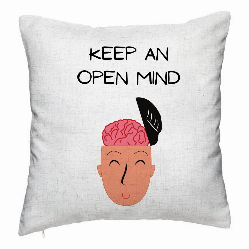 Perna Decorativa, Model Keep an Open Mind, 40x40 cm, Alb Murdar, Husa Detasabila, Burduf 5 Perna Decorativa