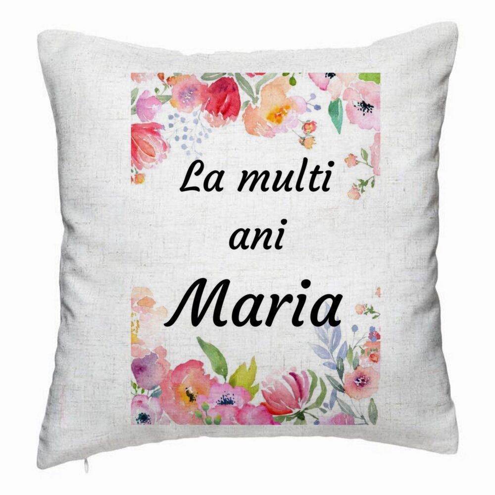 Perna Decorativa, Model La multi ani Maria 2, 40x40 cm, Alb Murdar, Husa Detasabila, Burduf 5 Perna Decorativa