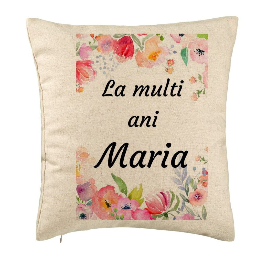 Perna Decorativa, Model La multi ani Maria 2, 40x40 cm, Bej, Husa Detasabila, Burduf 5 Perna Decorativa