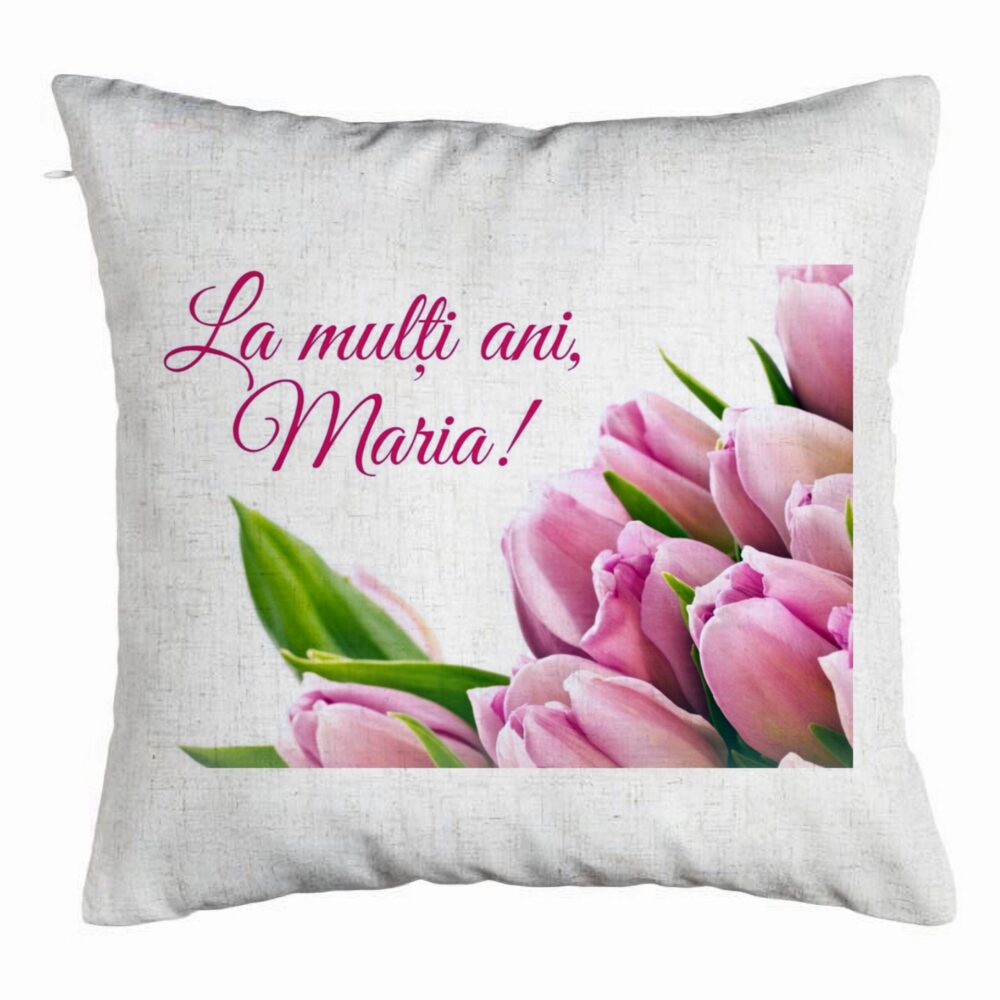 Perna Decorativa, Model La multi ani Maria, 40x40 cm, Alb Murdar, Husa Detasabila, Burduf 5 Perna Decorativa