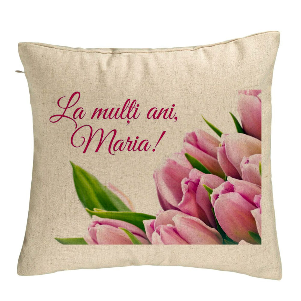 Perna Decorativa, Model La multi ani Maria, 40x40 cm, Bej, Husa Detasabila, Burduf 5 Perna Decorativa