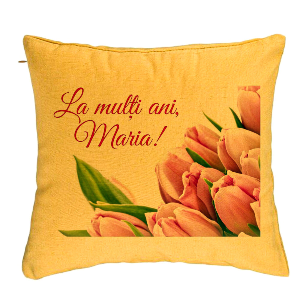 Perna Decorativa, Model La multi ani Maria, 40x40 cm, Galben, Husa Detasabila, Burduf 5 Perna Decorativa