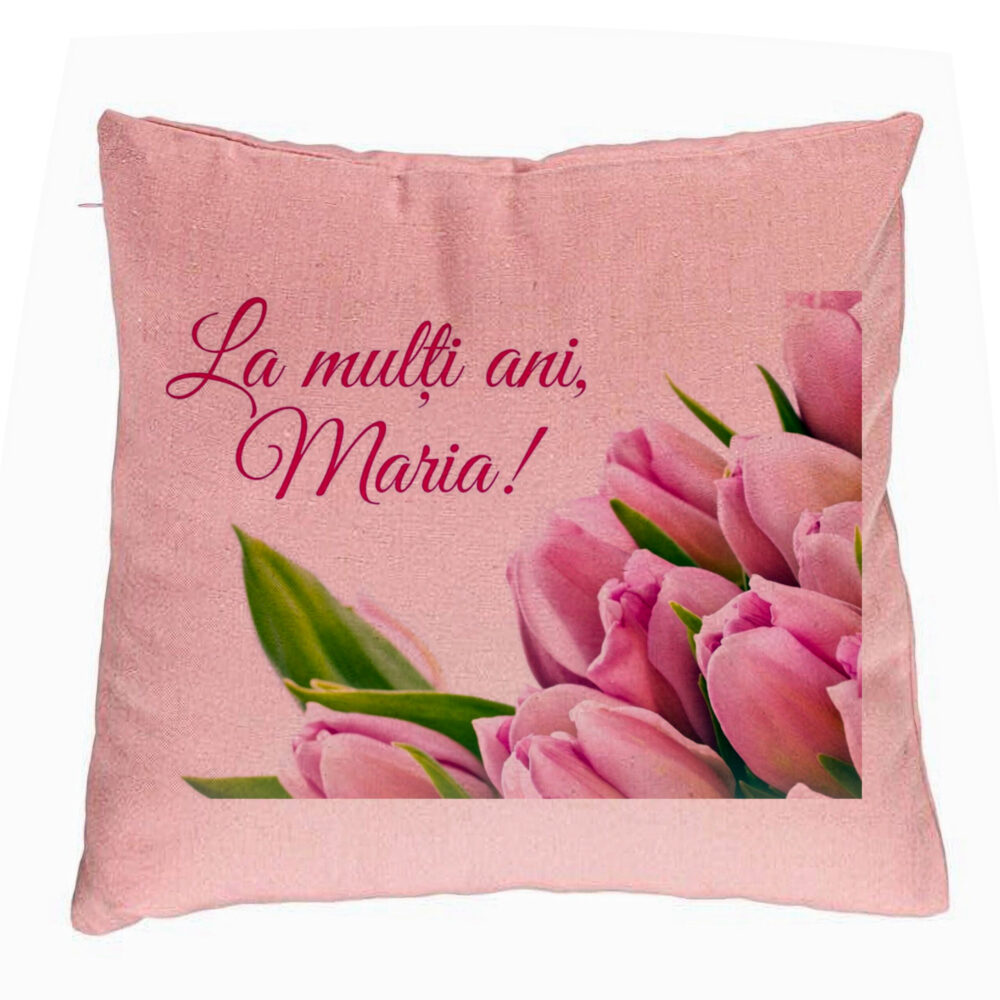 Perna Decorativa, Model La multi ani Maria, 40x40 cm, Roz, Husa Detasabila, Burduf 5 Perna Decorativa