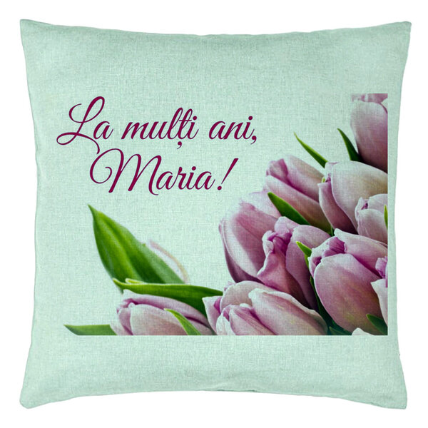 Perna Decorativa, Model La multi ani Maria, 40x40 cm, Verde Menta, Husa Detasabila, Burduf 15 Perna Decorativa