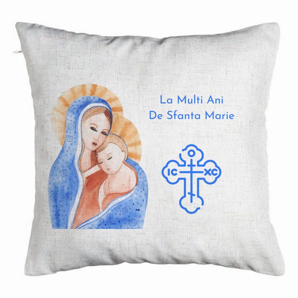Perna Decorativa, Model La multi ani de Sfanta Maria, 40x40 cm, Alb Murdar, Husa Detasabila, Burduf 5 Perna Decorativa