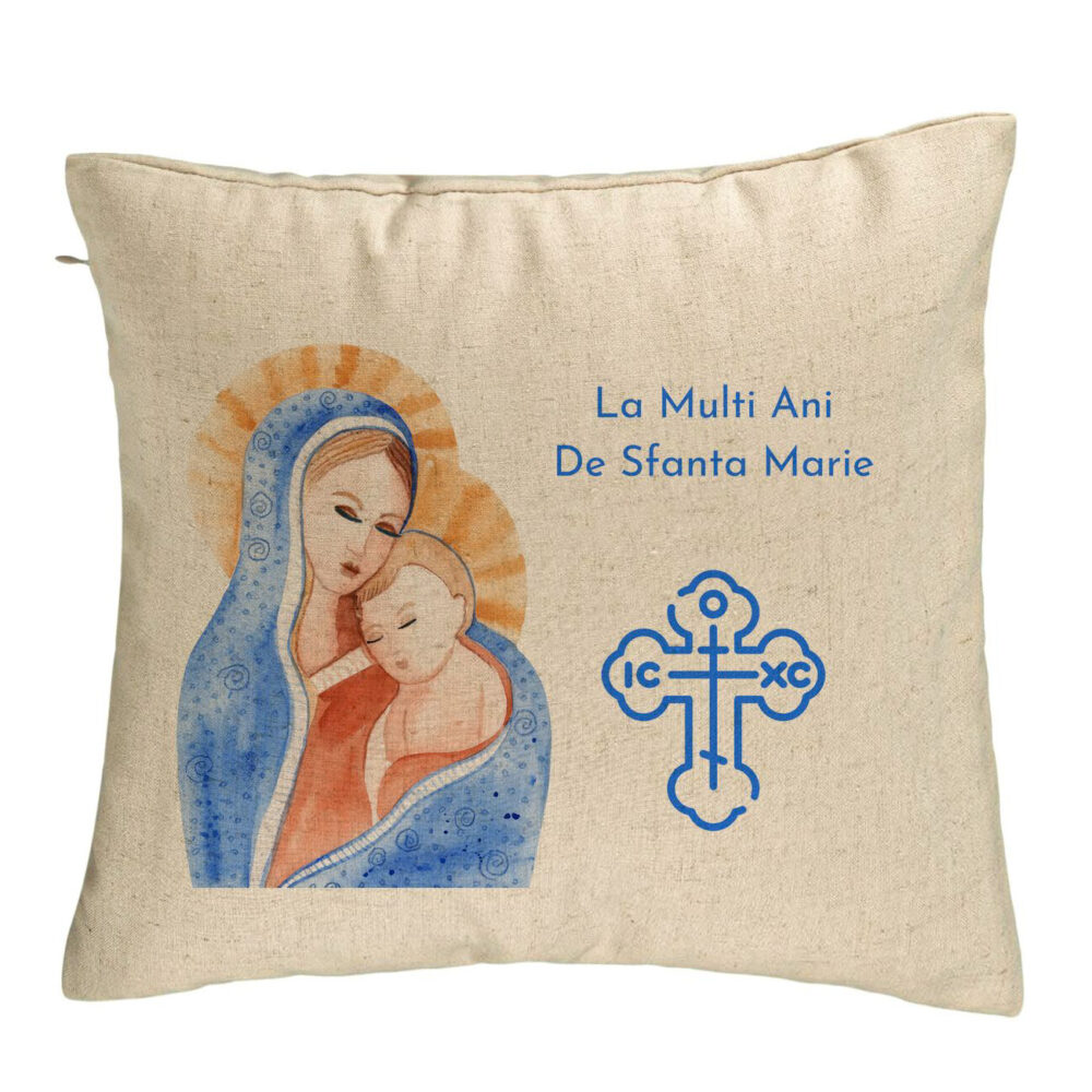 Perna Decorativa, Model La multi ani de Sfanta Maria, 40x40 cm, Bej, Husa Detasabila, Burduf 5 Perna Decorativa