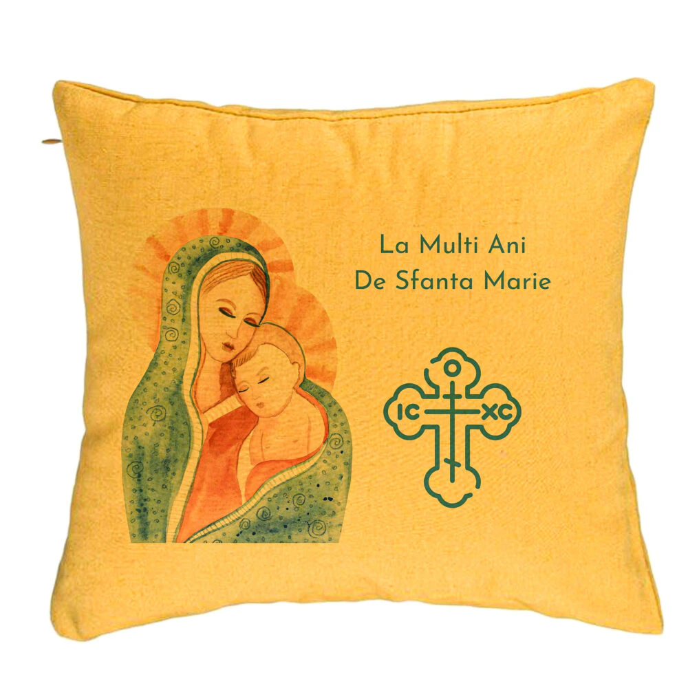 Perna Decorativa, Model La multi ani de Sfanta Maria, 40x40 cm, Galben, Husa Detasabila, Burduf 5 Perna Decorativa