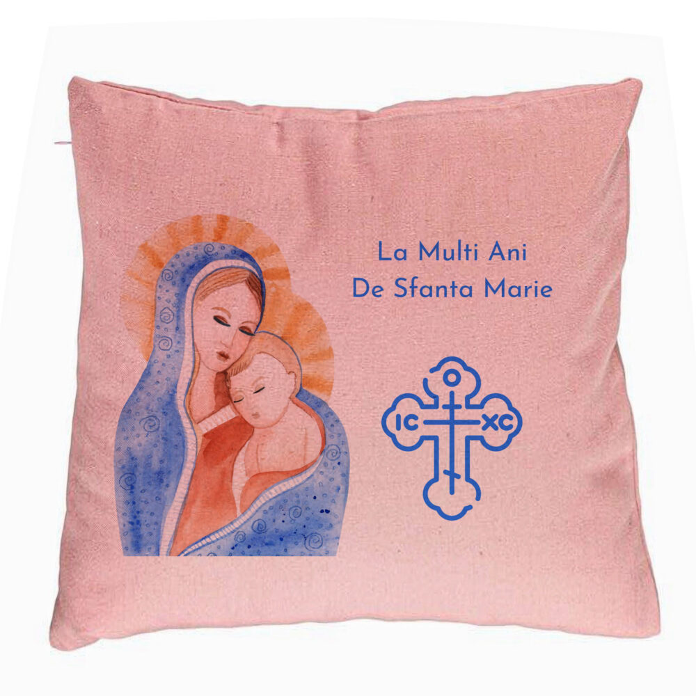 Perna Decorativa, Model La multi ani de Sfanta Maria, 40x40 cm, Roz, Husa Detasabila, Burduf 5 Perna Decorativa