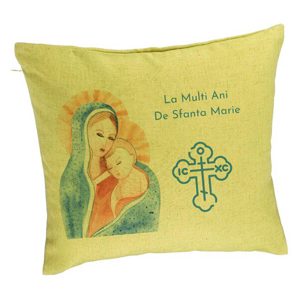 Perna Decorativa, Model La multi ani de Sfanta Maria, 40x40 cm, Verde, Husa Detasabila, Burduf 5 Perna Decorativa