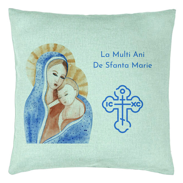 Perna Decorativa, Model La multi ani de Sfanta Maria, 40x40 cm, Verde Menta, Husa Detasabila, Burduf 15 Perna Decorativa