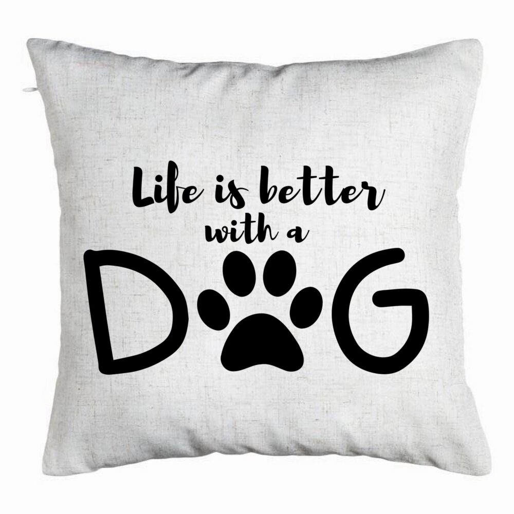 Perna Decorativa, Model Life is better with a Dog, 40x40 cm, Alb Murdar, Husa Detasabila, Burduf 5 Perna Decorativa
