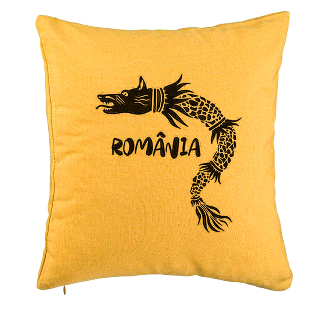 Perna Decorativa, Model Lup Dacic Romania, 40x40 cm, Galben, Husa Detasabila, Burduf 5 Perna Decorativa