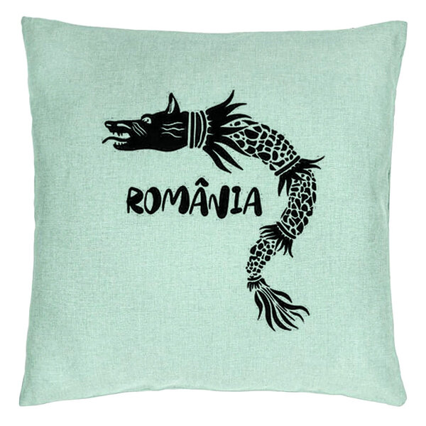 Perna Decorativa, Model Lup Dacic Romania, 40x40 cm, Verde Menta, Husa Detasabila, Burduf 15 Perna Decorativa