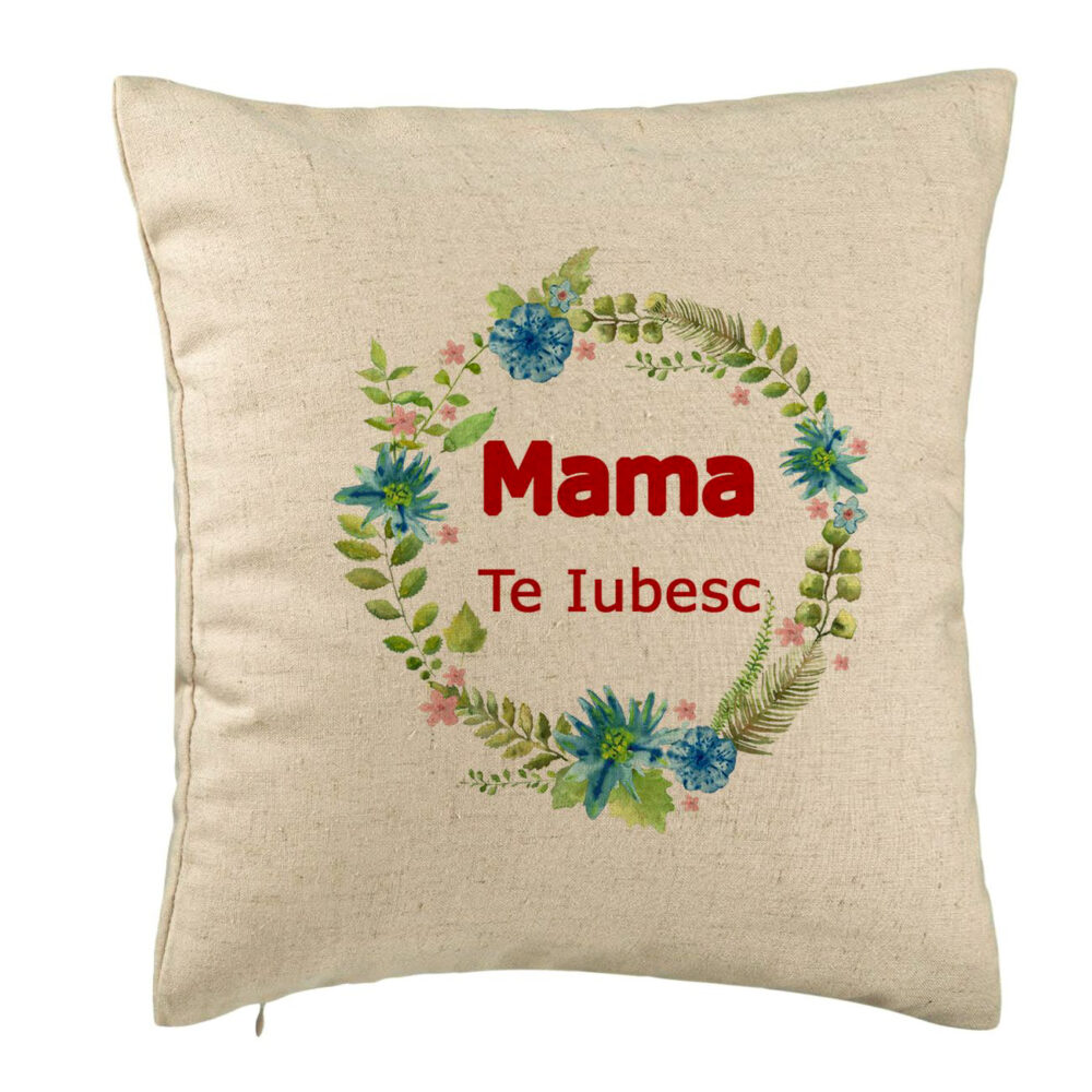 Perna Decorativa, Model Mama Te Iubesc, 40x40 cm, Bej, Husa Detasabila, Burduf 5 Perna Decorativa
