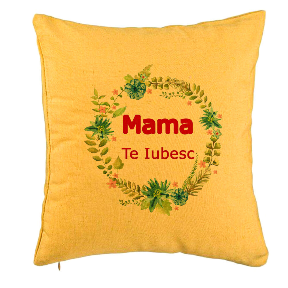 Perna Decorativa, Model Mama Te Iubesc, 40x40 cm, Galben, Husa Detasabila, Burduf 5 Perna Decorativa