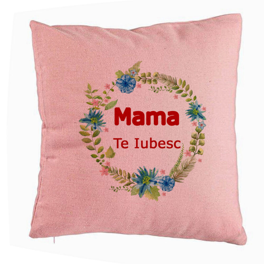 Perna Decorativa, Model Mama Te Iubesc, 40x40 cm, Roz, Husa Detasabila, Burduf 5 Perna Decorativa