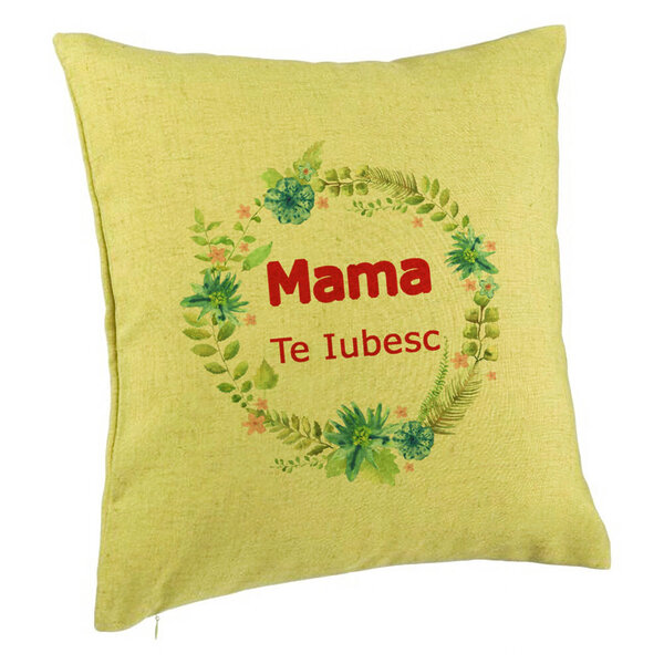 Perna Decorativa, Model Mama Te Iubesc, 40x40 cm, Verde, Husa Detasabila, Burduf 5 Perna Decorativa