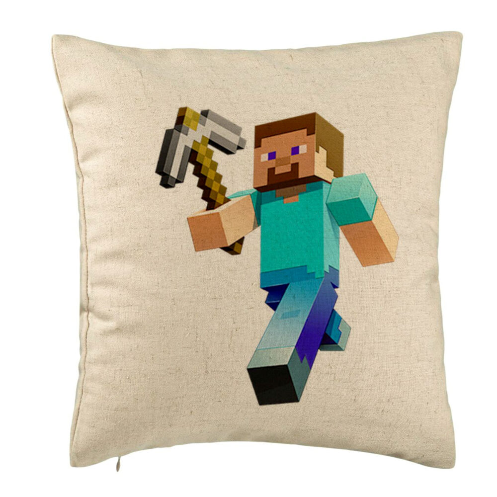 Perna Decorativa, Model Minecraft Mining Steve, 40x40 cm, Bej, Husa Detasabila, Burduf 5 Perna Decorativa