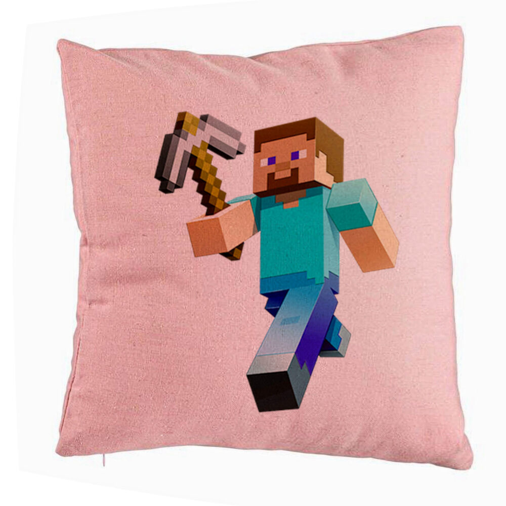 Perna Decorativa, Model Minecraft Mining Steve, 40x40 cm, Roz, Husa Detasabila, Burduf 5 Perna Decorativa
