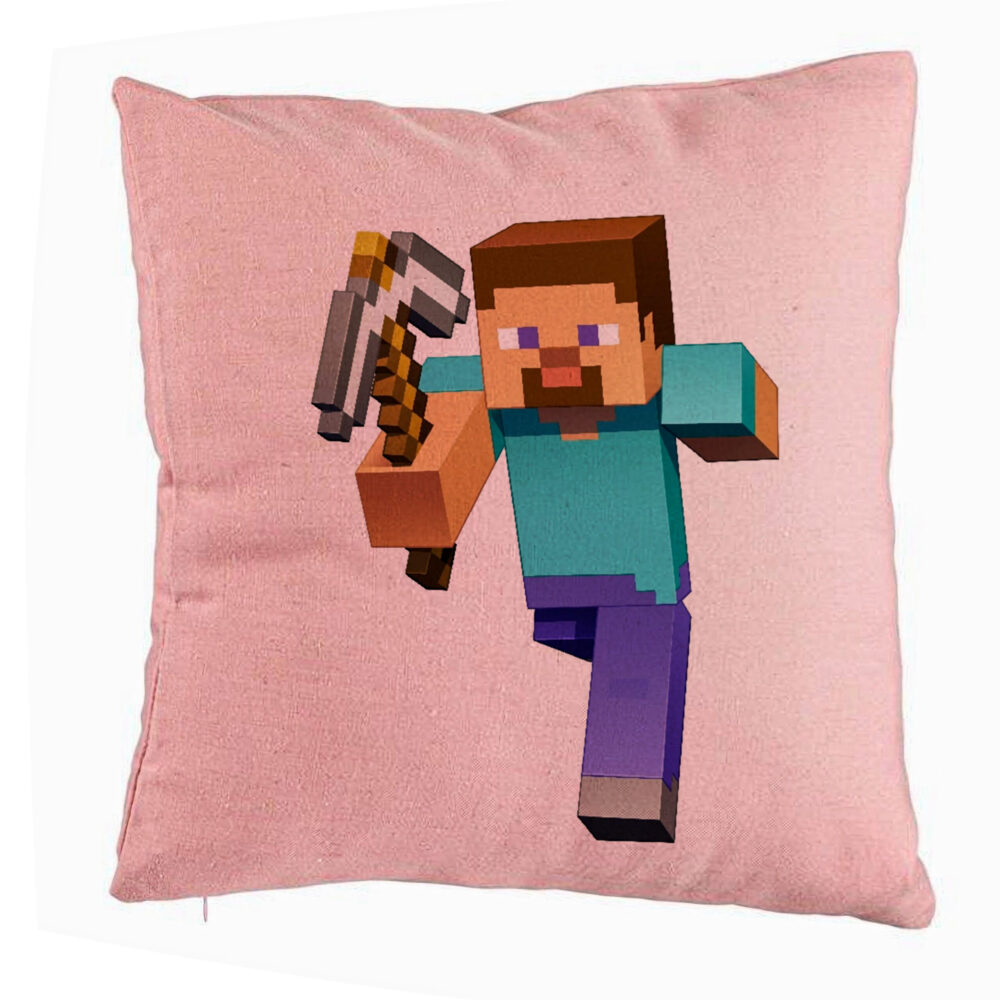 Perna Decorativa, Model Minecraft Mining Steve 8bit, 40x40 cm, Roz, Husa Detasabila, Burduf 5 Perna Decorativa
