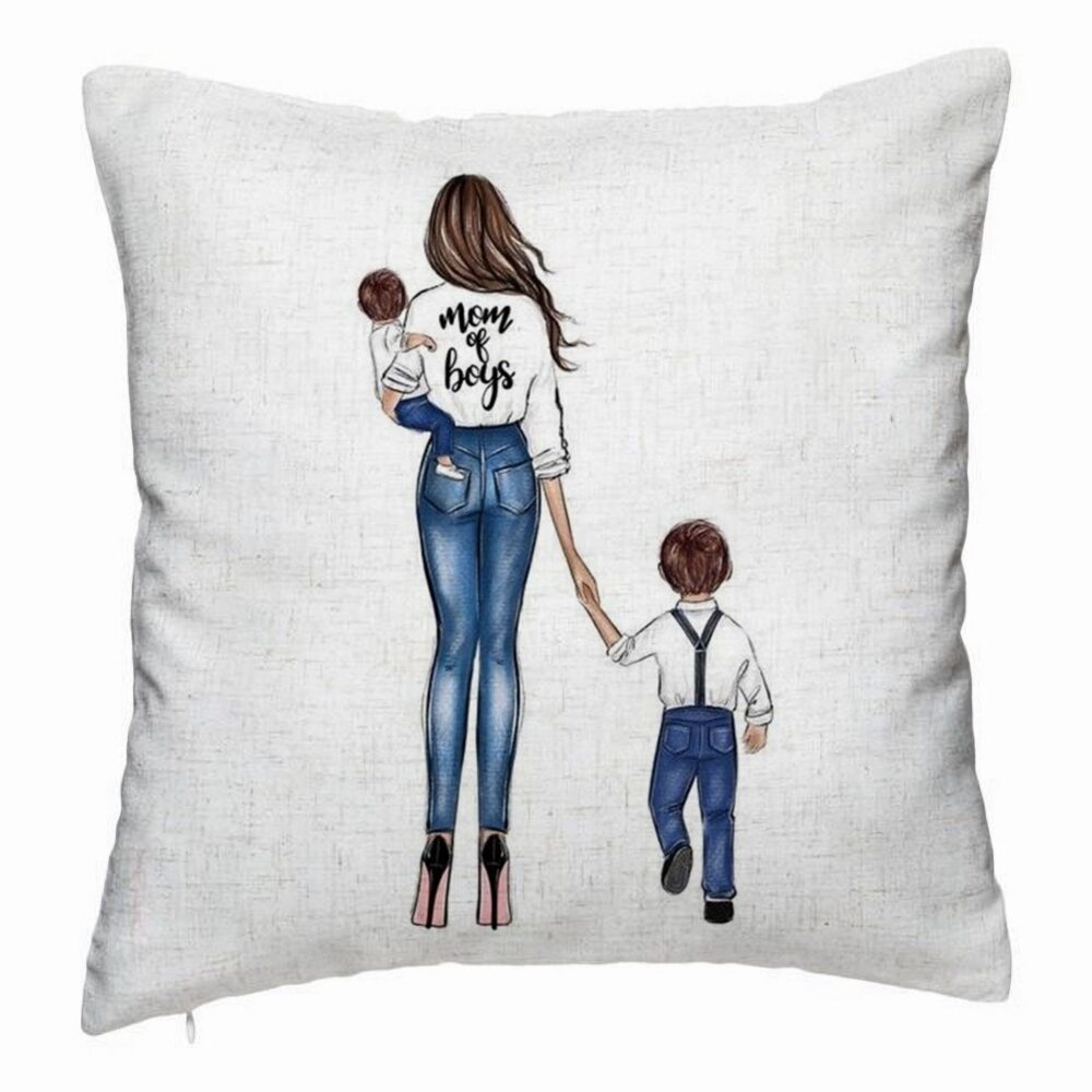 Perna Decorativa, Model Mom of Boys, 40x40 cm, Alb Murdar, Husa Detasabila, Burduf 5 Perna Decorativa