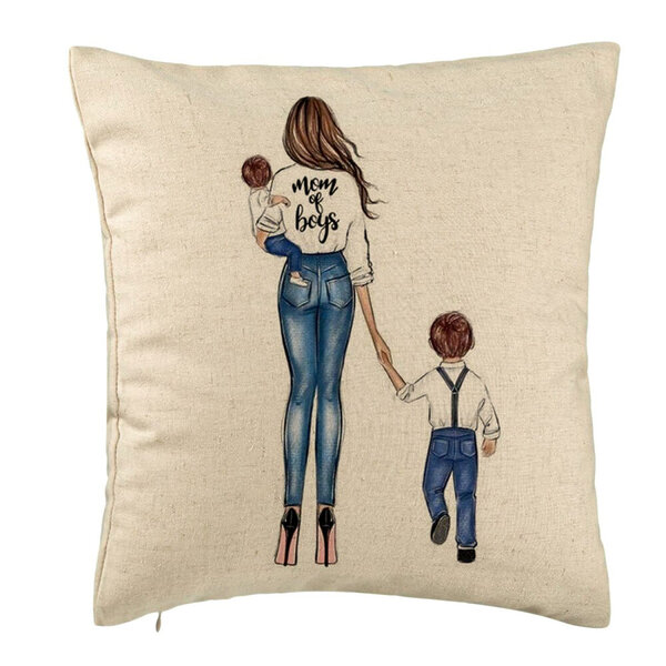 Perna Decorativa, Model Mom of Boys, 40x40 cm, Bej, Husa Detasabila, Burduf 5 Perna Decorativa